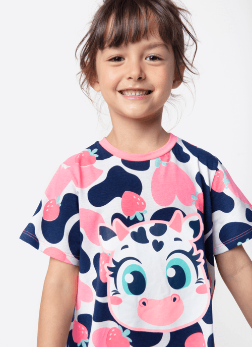 Camisola Manga Curta Algodão Menina Vaca Romântica