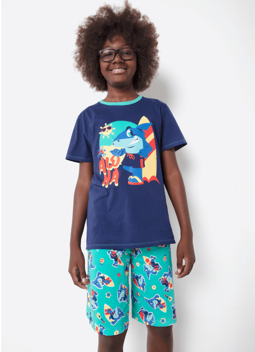 Pijama Manga Curta Algodão Menino Teen Tubarão Aloha