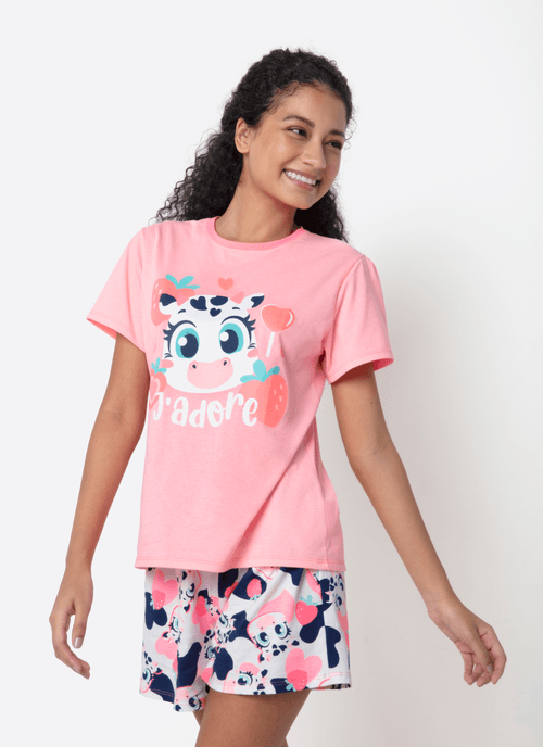 Pijama Manga Curta Algodão Feminino Vaca Romântica