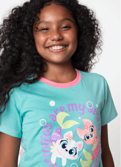 Camisola Manga Curta Algodão Menina Teen Pet Sereia