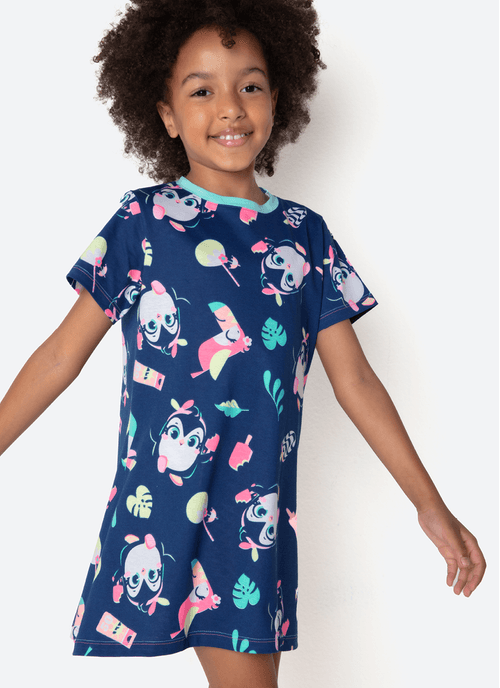 Camisola Manga Curta Algodão Menina Pinguim