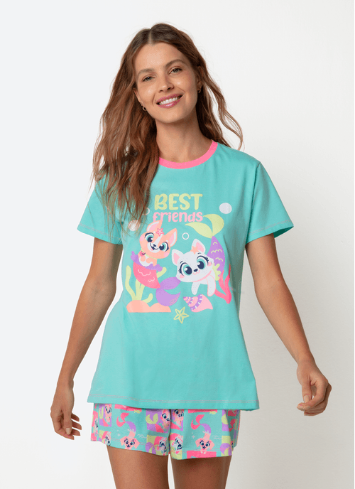 Pijama Manga Curta Algodão Feminino Pet Sereia