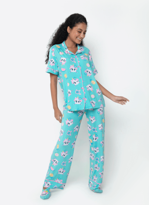 Pijama Manga Curta Viscolycra Feminino Unicórnio Aloha