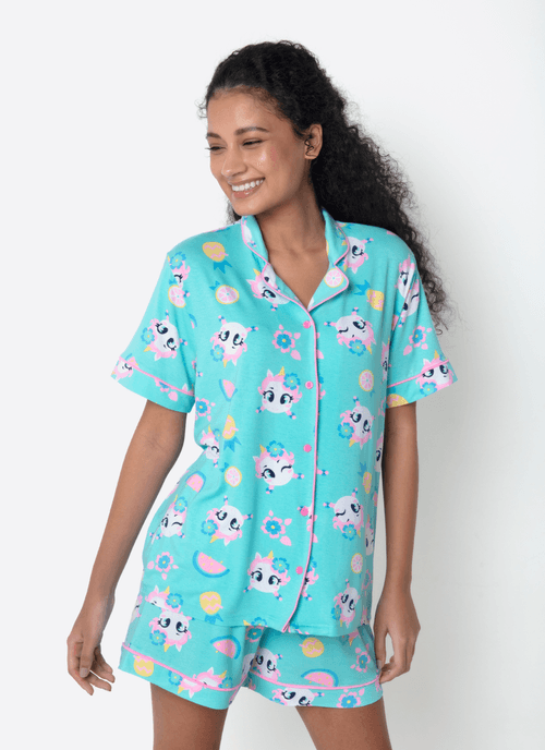 Pijama Manga Curta Viscolycra Feminino Unicórnio Aloha