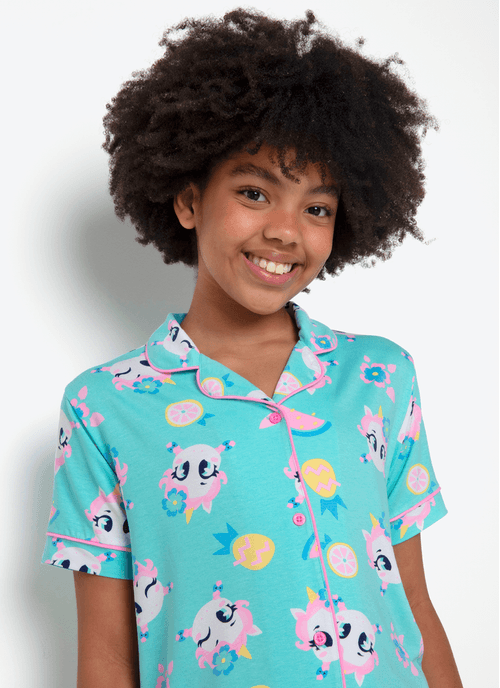 Pijama Manga Curta Viscolycra Menina Teen Unicórnio Aloha