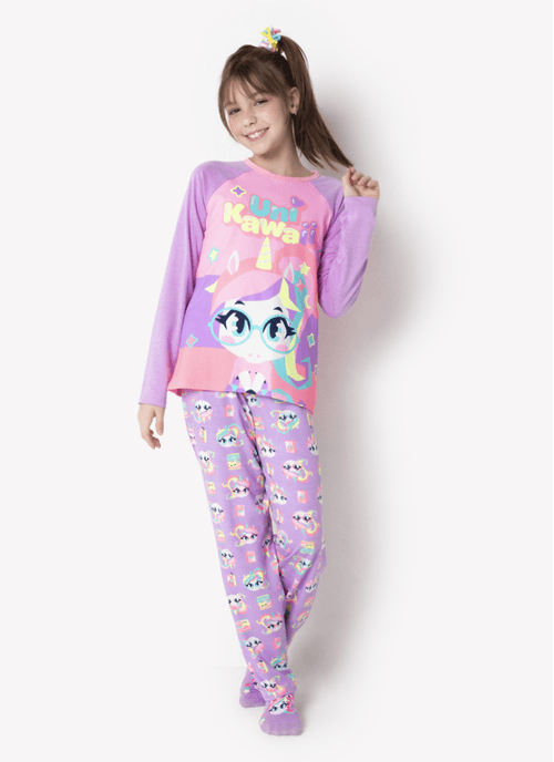 Pijama Manga Longa Lilás Viscolycra Feminino Unicórnio Kawaii