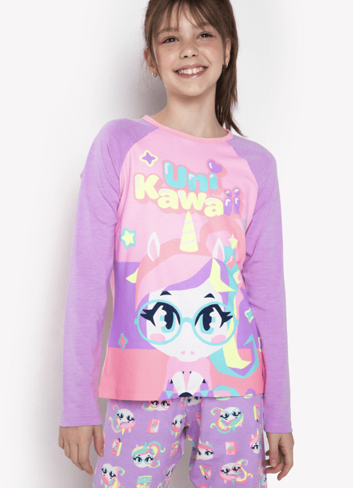 Pijama Manga Longa Lilás Viscolycra Feminino Unicórnio Kawaii