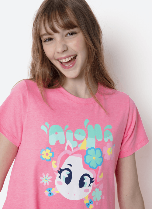 Camisola Manga Curta Algodão Menina Teen Estampada Unicórnio Aloha