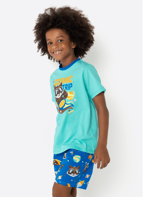 Pijama Manga Curta Algodão Menino Guaxinim Chocolate