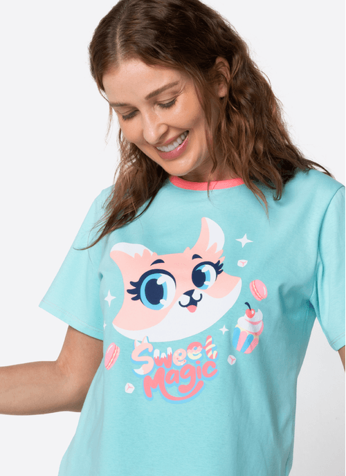 Pijama Manga Curta Algodão Feminino Raposa Confeiteira