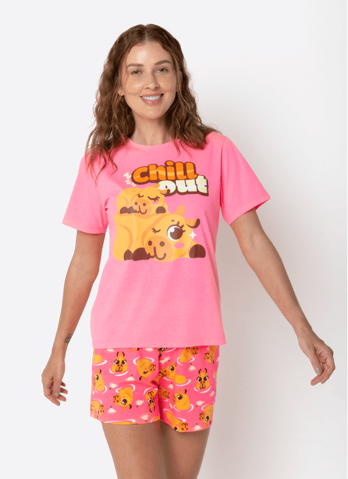 Pijama Manga Curta Algodão Feminino Capivara Vibes
