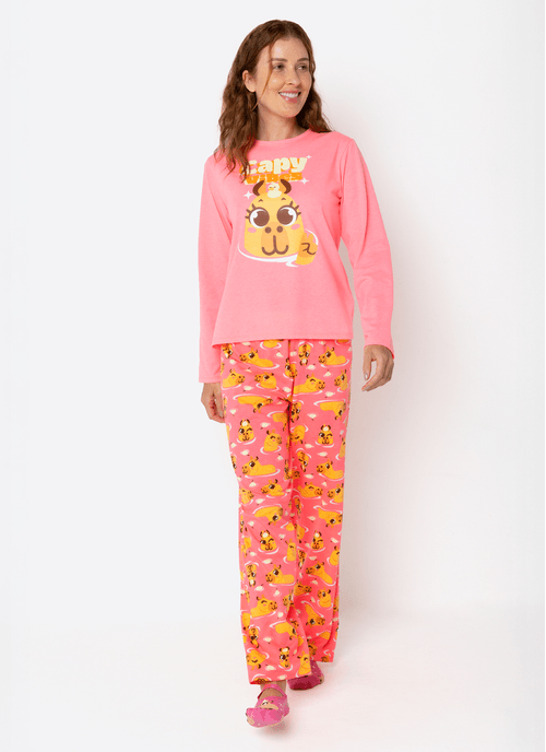 Pijama Manga Longa Algodão Feminino Capivara Vibes
