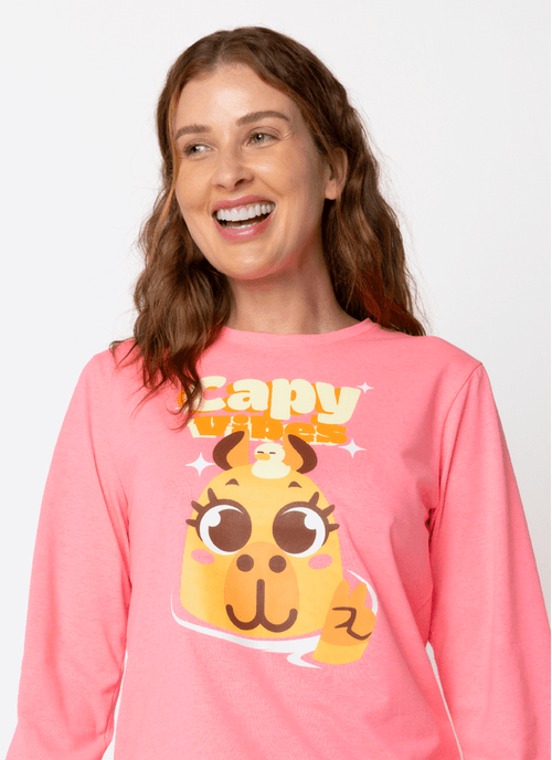 Pijama Manga Longa Algodão Feminino Capivara Vibes