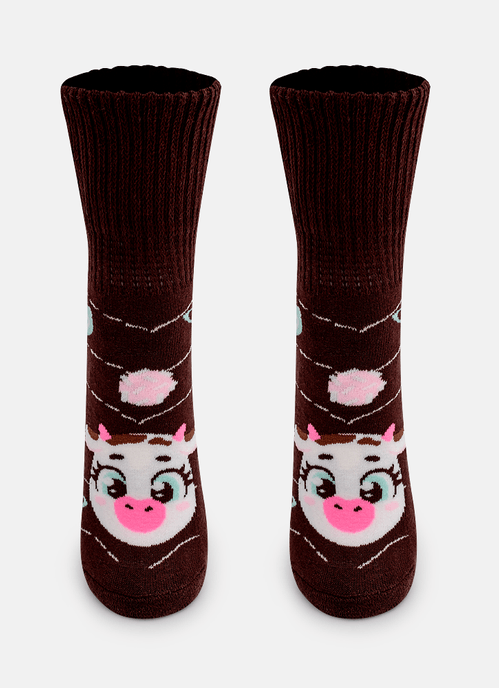 Meia Botinha Antiderrapante Feminina Vaca Chocolate