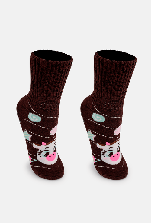 Meia Botinha Antiderrapante Feminina Vaca Chocolate
