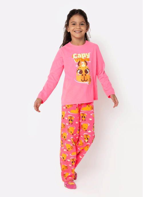 Pijama Manga Longa Algodão Menina Capivara Vibes