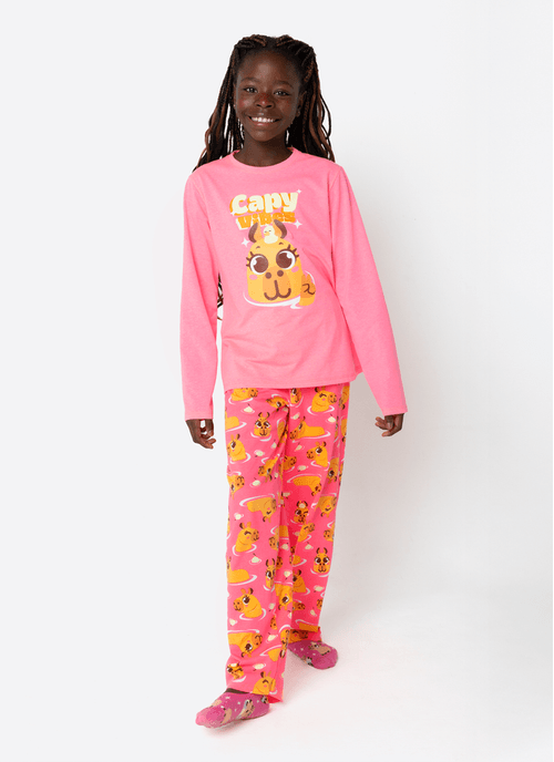 Pijama Manga Longa Algodão Menina Teen Capivara Vibes