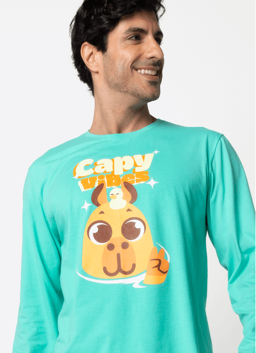 Pijama Manga Longa Algodão Masculino Capivara Vibes