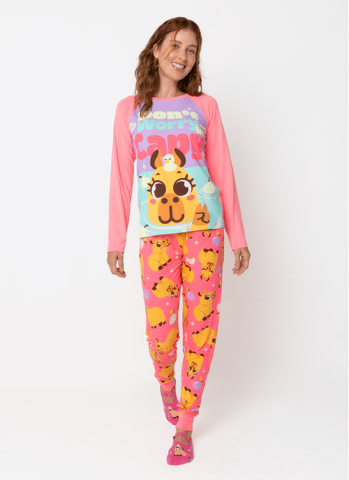 Pijama Manga Longa Viscolycra Feminino Capivara Vibes