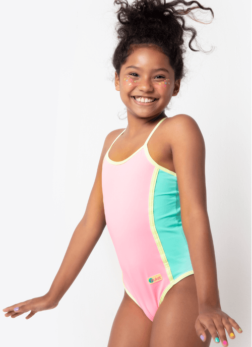 Maiô Menina Teen Color Block Rosa