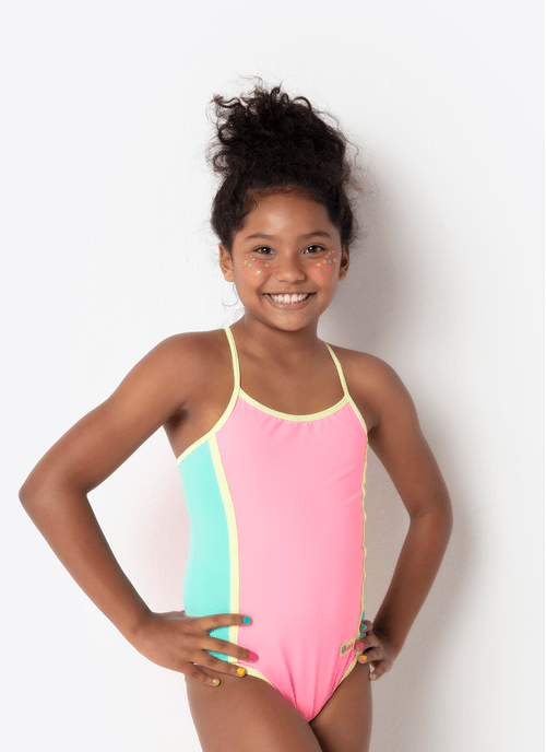 Maiô Menina Teen Color Block Rosa