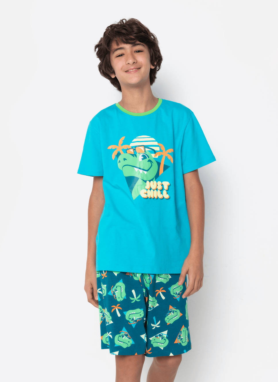 Pijama Manga Curta Menino Viscolycra Dinossauro Skate - Puket