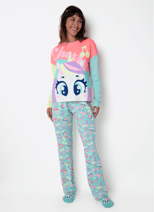 Pijama Manga Longa Viscolycra Feminino Unicórnio Cherry