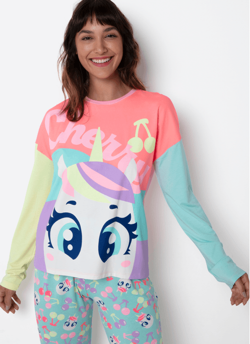 Pijama Manga Longa Viscolycra Feminino Unicórnio Cherry