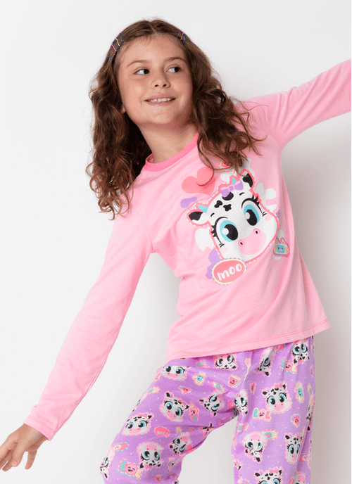 Pijama Manga Longa Algodão Menina Teen Vaca Patches