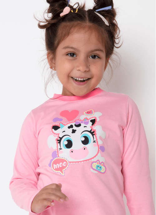 Pijama Manga Longa Algodão Menina Vaca Patches