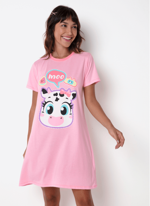 Camisola Manga Curta Algodão Feminina Vaca Patches