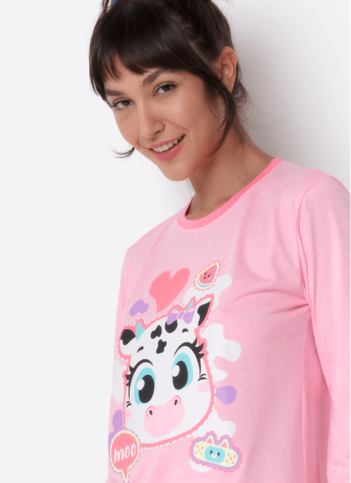Pijama Manga Longa Algodão Feminino Vaca Patches