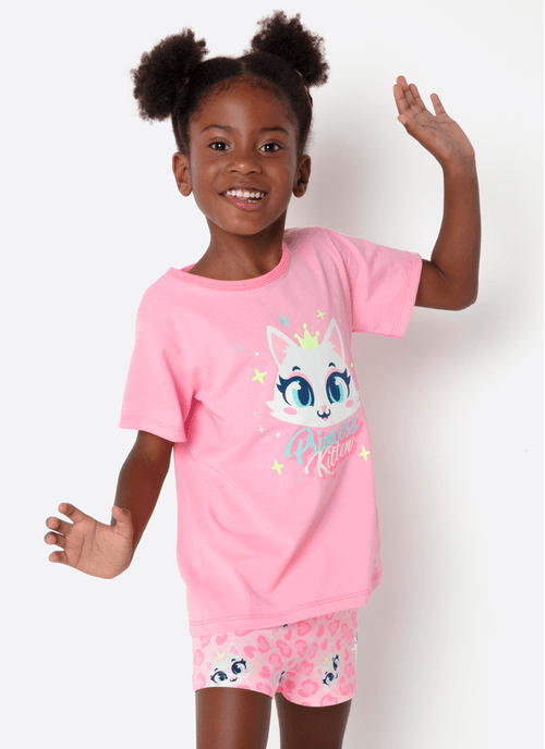 Pijama Manga Curta Algodão Menina Gata Romântica