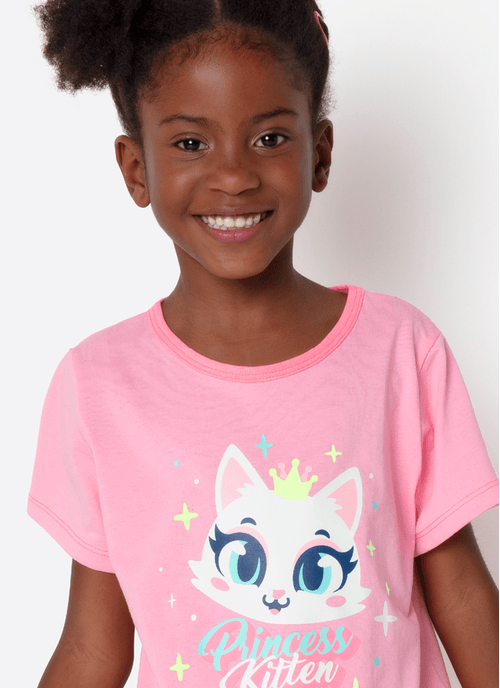 Pijama Manga Curta Algodão Menina Gata Romântica