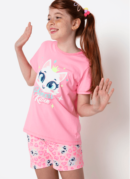 Pijama Manga Curta Viscolycra Menina Teen Gata Romântica