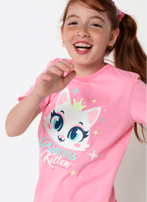 Pijama Manga Curta Viscolycra Menina Teen Gata Romântica