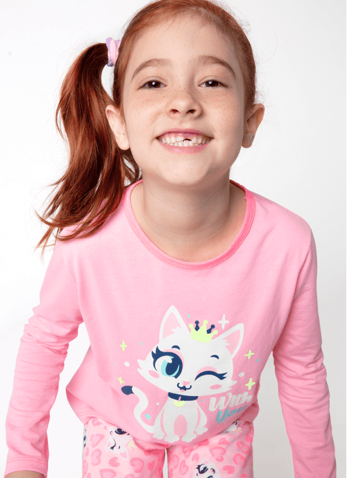 Pijama Manga Longa Algodão Menina Gata Romântica