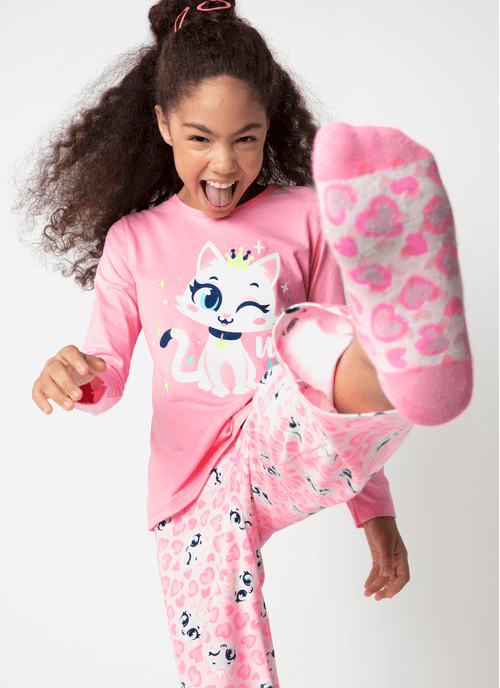 Pijama Manga Longa Algodão Menina Teen Gata Romântica