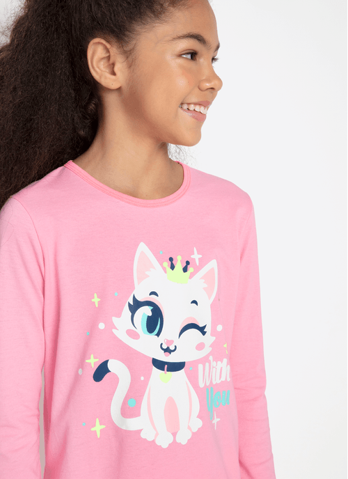 Pijama Manga Longa Algodão Menina Teen Gata Romântica