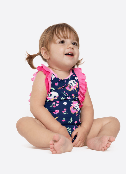 Maiô Com Proteção Solar Bebê Menina Unicórnio Encantado