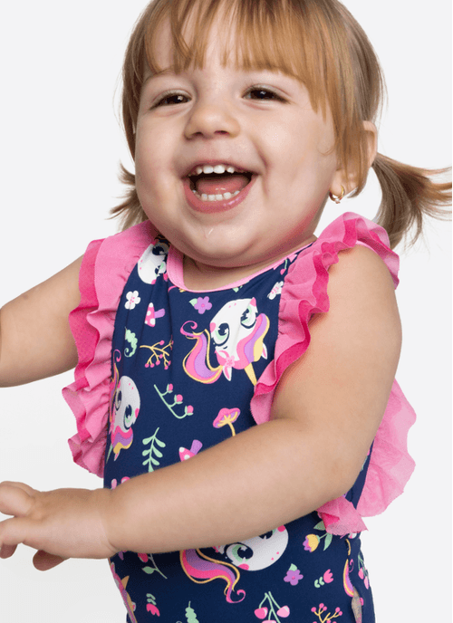 Maiô Com Proteção Solar Bebê Menina Unicórnio Encantado
