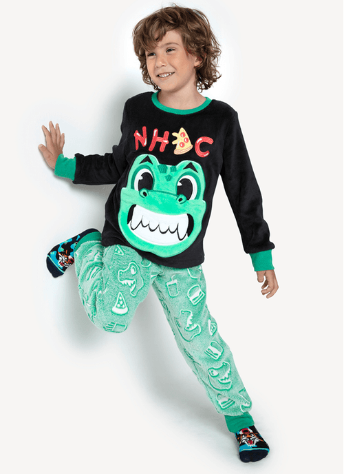 Pijama Manga Longa Soft Menino Dino Food - Brilha no Escuro