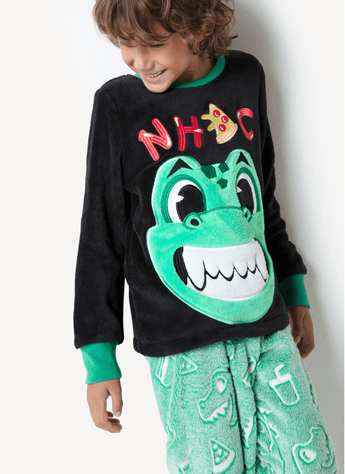 Pijama Manga Longa Soft Menino Dino Food - Brilha no Escuro
