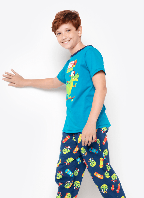 Pijama Manga Curta Algodão Menino Dinossauro Skate