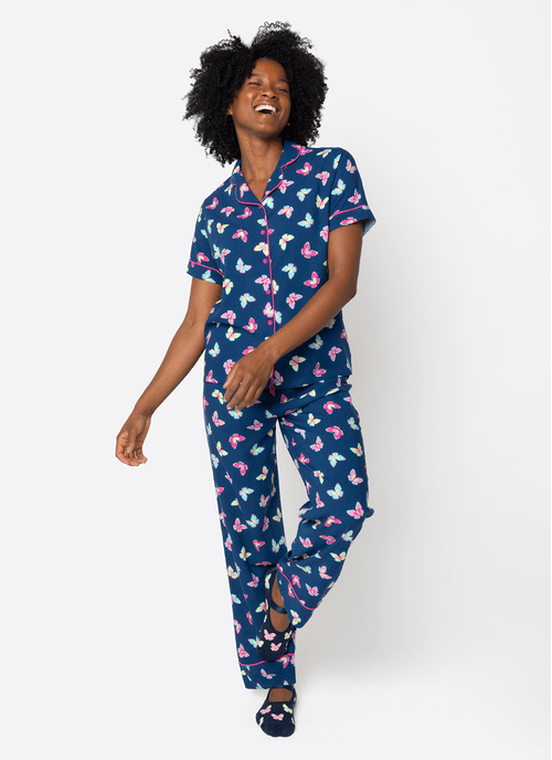 Pijama Manga Curta Viscose Feminino Borboletas