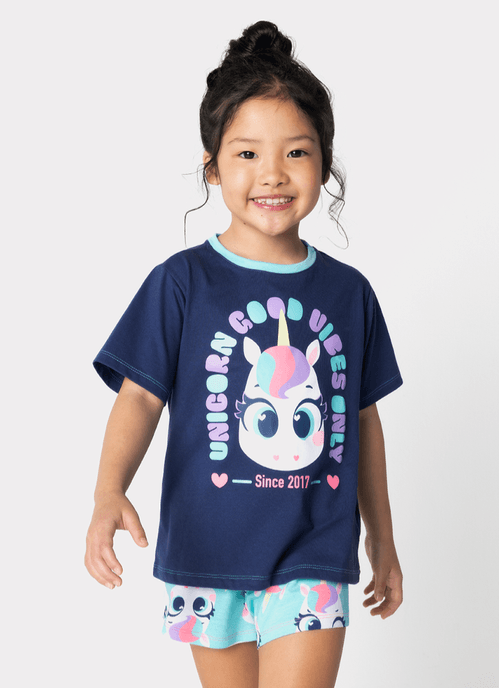 Pijama Manga Curta Algodão Menina Unicórnio