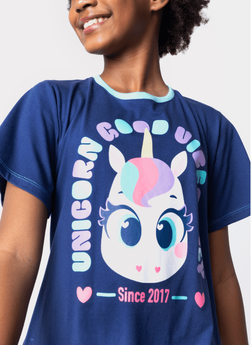 Camisola Manga Curta Algodão Menina Teen Unicórnio