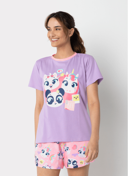 Pijama Manga Curta Algodão Feminino Multibichos