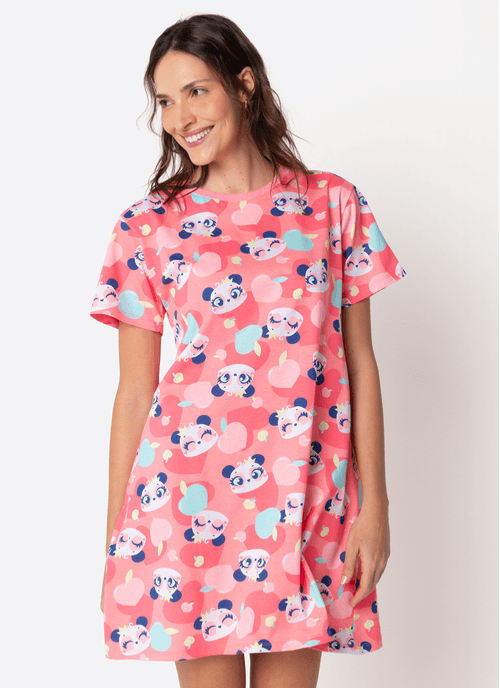 Camisola Manga Curta Algodão Feminina Panda Romântico