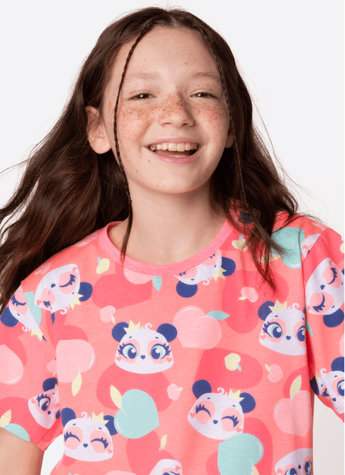 Camisola Manga Curta Algodão Menina Teen Panda Romântico